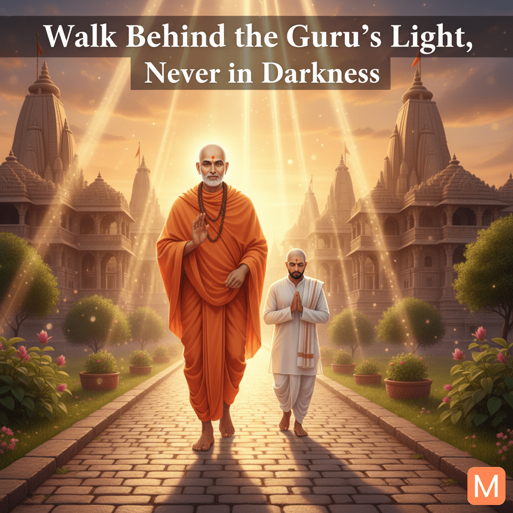 Devotee walking behind Guru on a spiritual path filled with light symbolizing surrender and divine faith