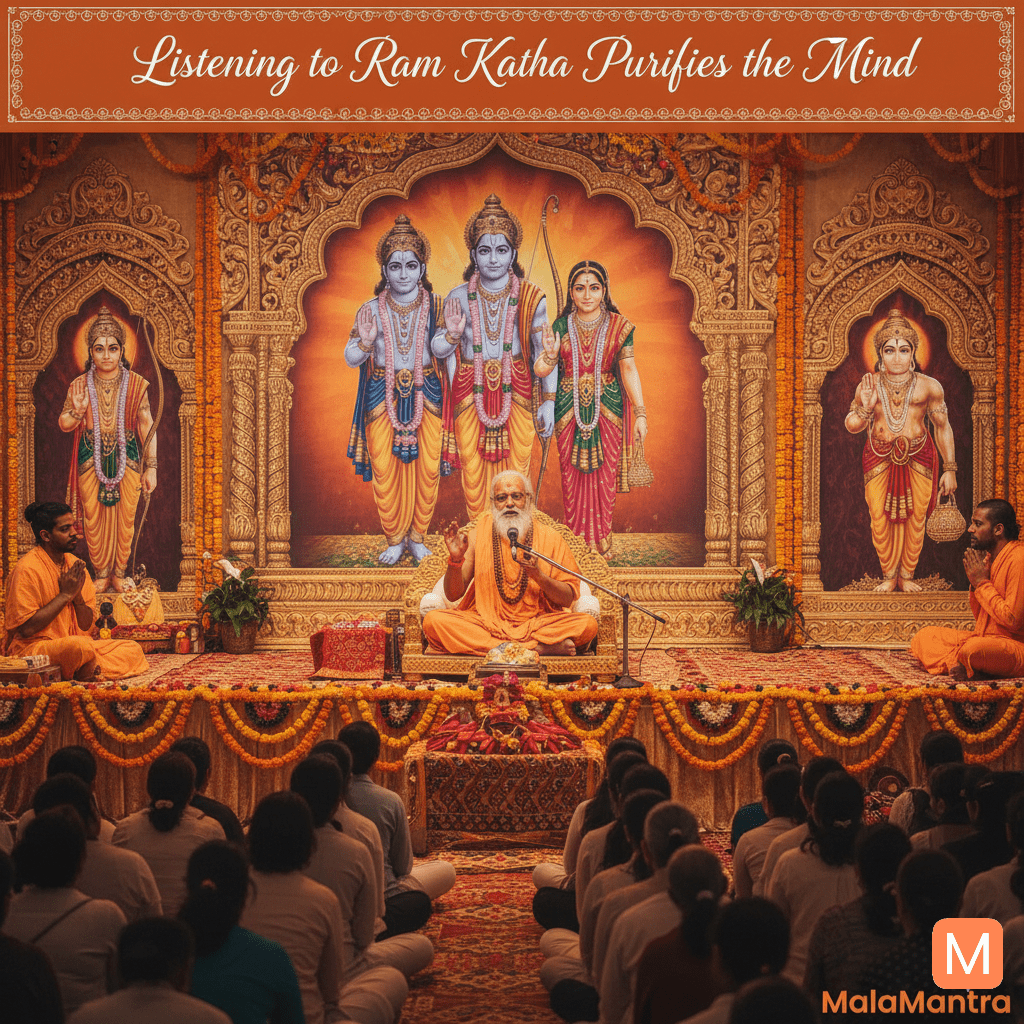 Saint narrating Shri Ram Katha in front of Lord Ram and Hanuman Ji — importance of Katha in spiritual life.
