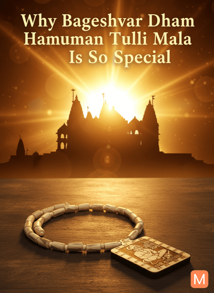 Bageshwar Dham-inspired Tulsi Mala with Hanuman locket glowing in divine aura – Why this Mala is special