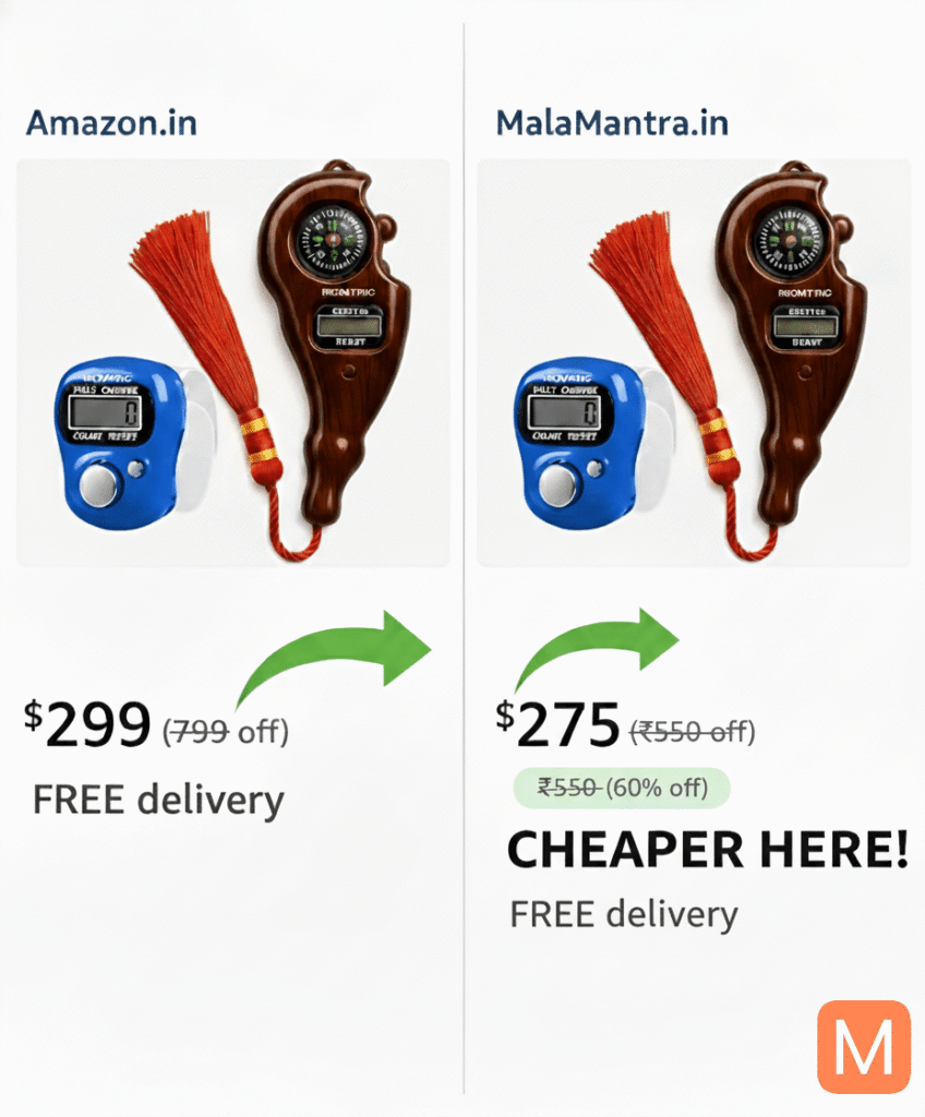 Devotee exploring MalaMantra.in website with spiritual products on desk.