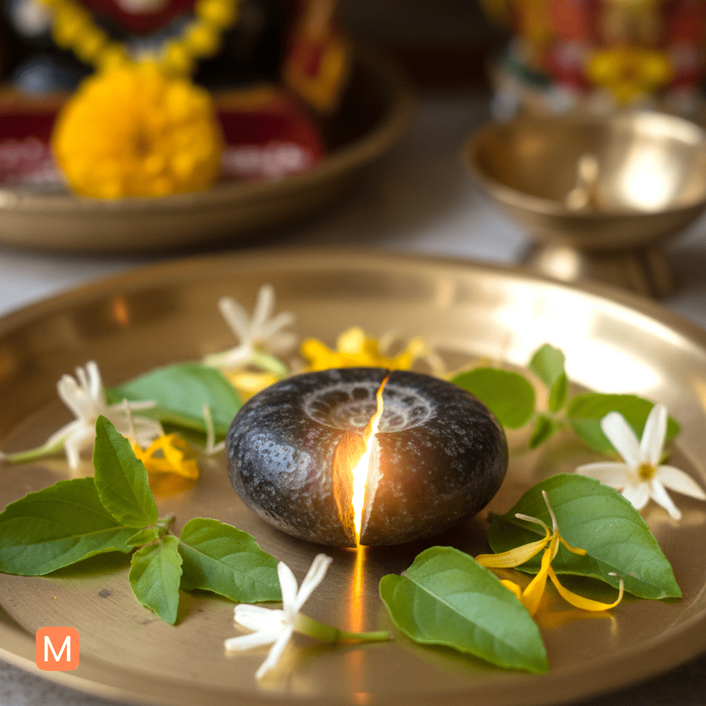 Devotee worshiping broken Shaligram with offerings