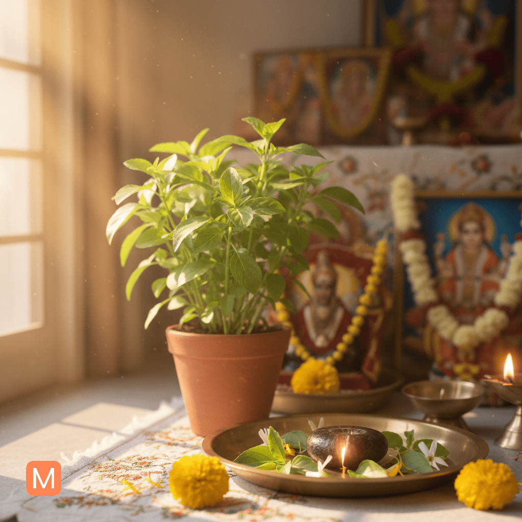 Broken Shaligram with Tulsi plant on home altar