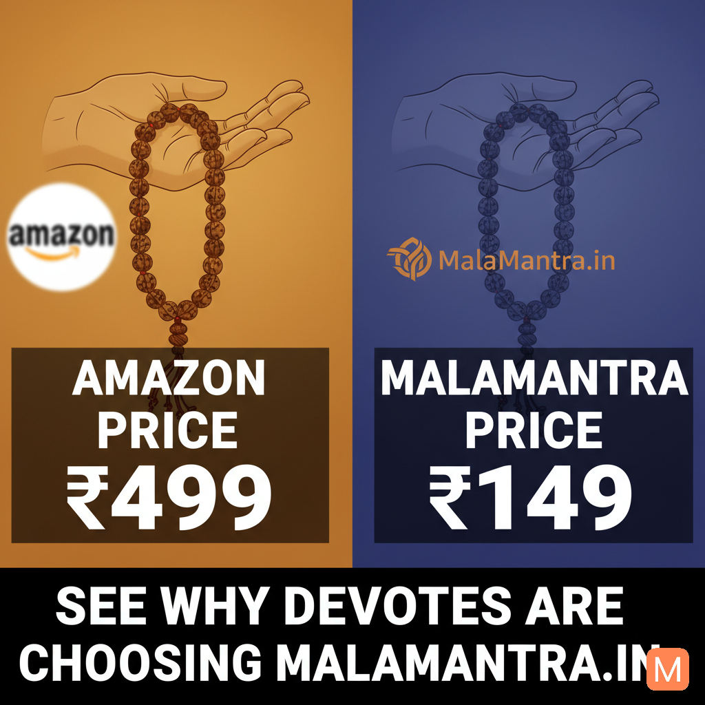 An eye-catching thumbnail image with two sections. The left section, with an Amazon logo, shows a hand holding prayer beads and text that reads "Amazon Price ₹499". The right section, with the MalaMantra.in logo, shows a hand holding prayer beads with text that reads "MalaMantra Price ₹149". Below these sections, large bold text states: "SEE WHY DEVOTEES ARE CHOOSING MALAMANTRA.IN