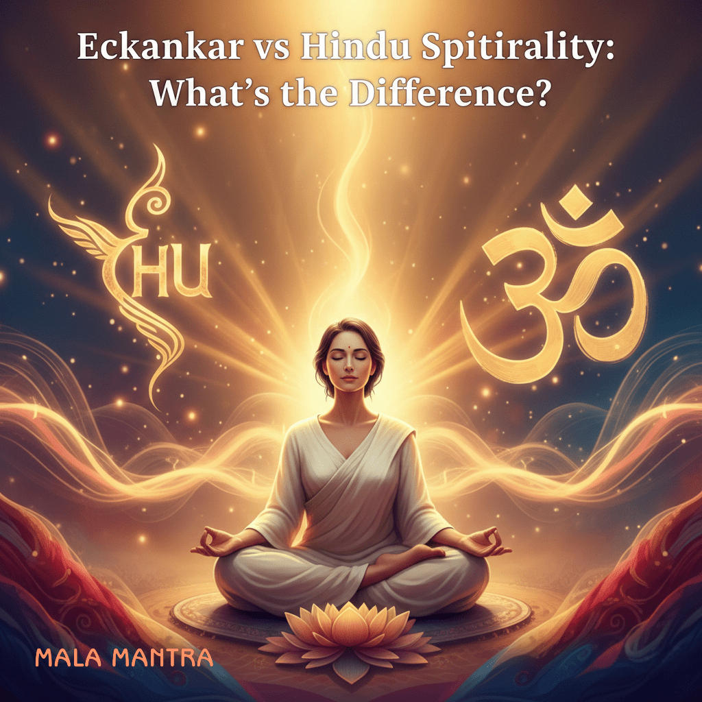 Eckankar vs Hindu Spirituality featured image with HU and OM symbols — spiritual comparison.