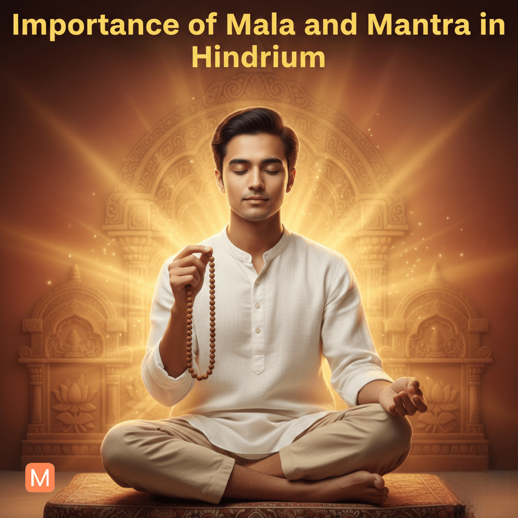 a person meditating with a Tulsi mala, chanting mantra, spiritual glow around them, representing the importance of mala and mantra in Hinduism. Text overlay: ‘Importance of Mala and Mantra in Hinduism
