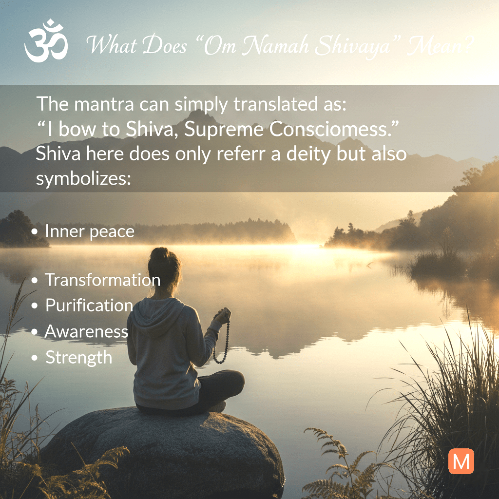 Meaning of Om Namah Shivaya with person meditating by lake