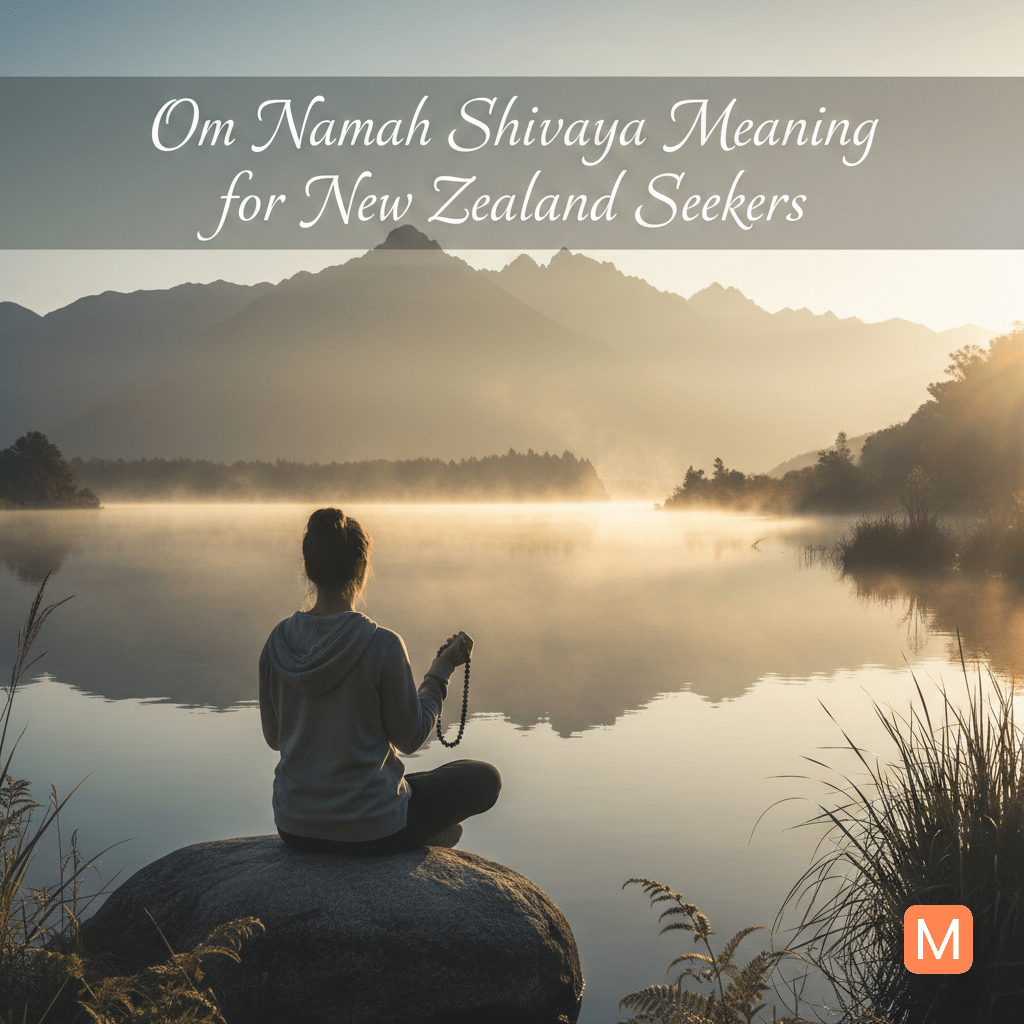 Person meditating with a Tulsi mala beside a peaceful New Zealand lakeside at sunrise, mountains in the background, chanting Om Namah Shivaya.