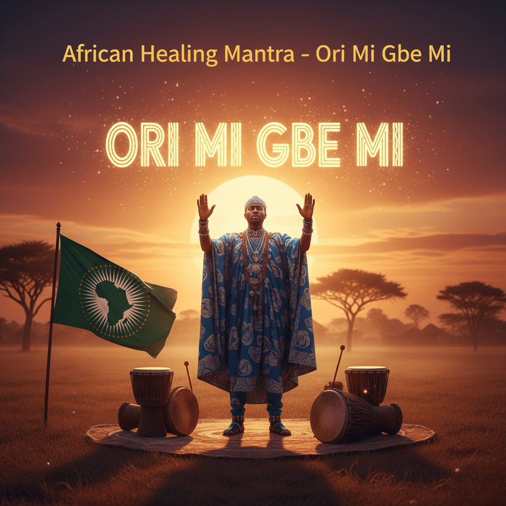 African mantra Ori Mi Gbe Mi with African Union flag and Yoruba spiritual scene