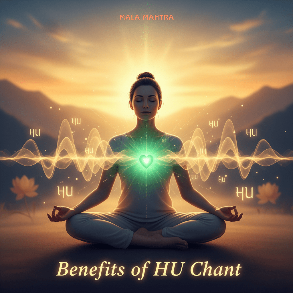 Realistic HU meditation benefits image with glowing heart chakra.