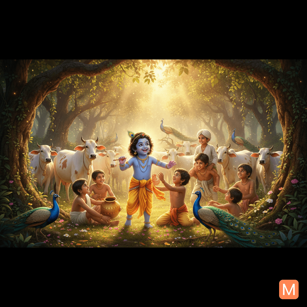Child Krishna playing with friends in Dwapar Yuga Vrindavan scene