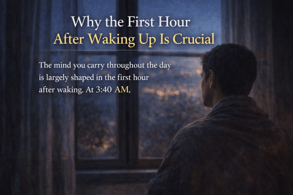 Early morning reflection at 3:40 AM showing why the first hour after waking up is crucial for mental clarity, discipline, and daily success.