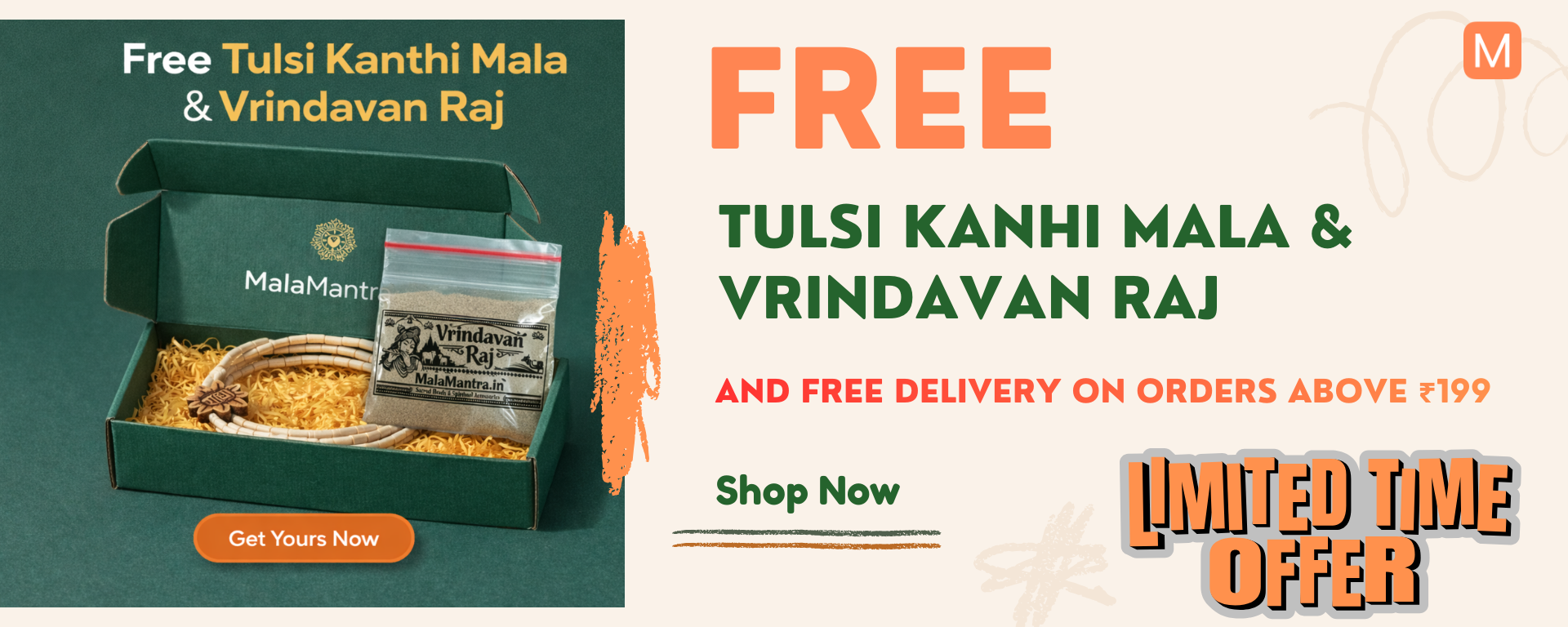 Free Tulsi Kanthi Mala and Vrindavan Raj packed in MalaMantra.in branded box