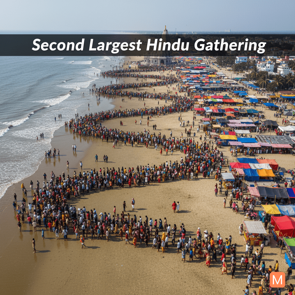 Aerial view of Gangasagar Mela 2026 showing large pilgrim crowd