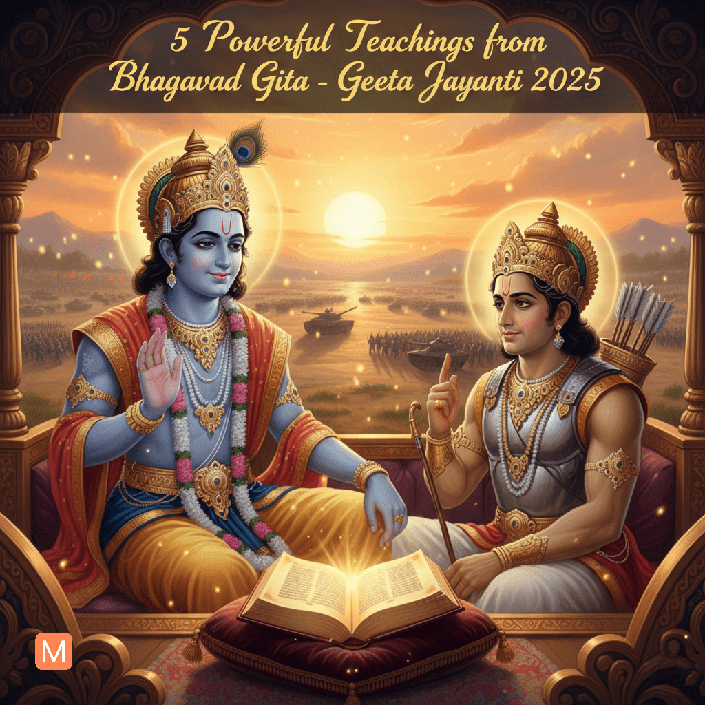 Lord Krishna teaching Arjuna from Bhagavad Gita on Geeta Jayanti 2025