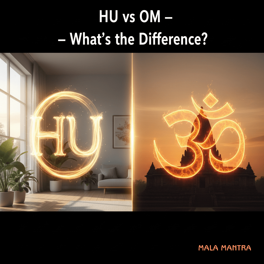 HU vs OM comparison image with glowing sound waves and spiritual contrast.