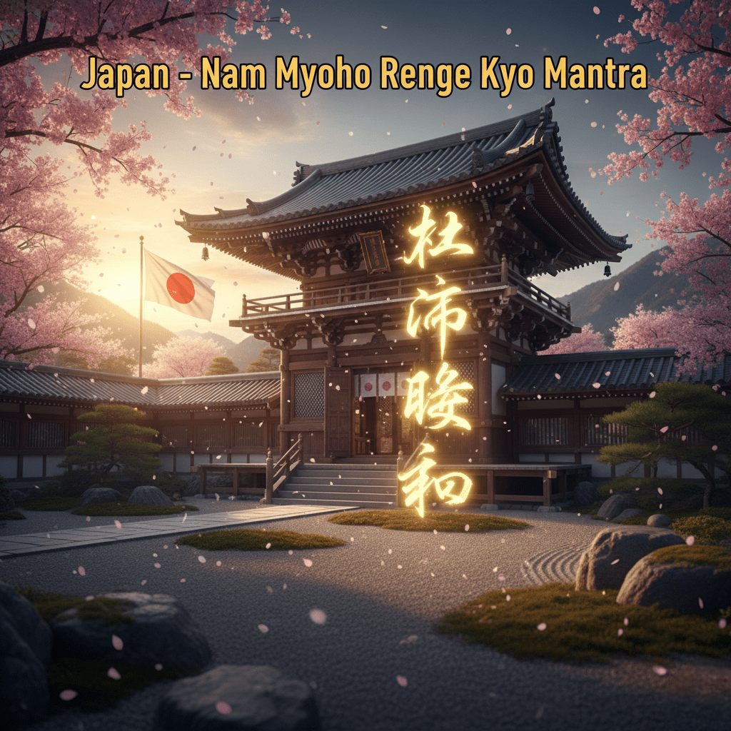 Nam Myoho Renge Kyo Japanese mantra with Japan flag and Zen temple
