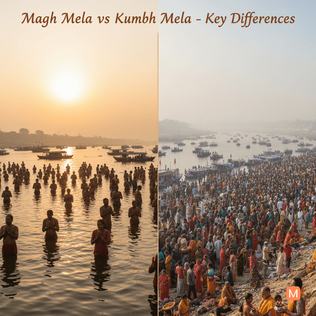 Visual comparison of Magh Mela and Kumbh Mela at Triveni Sangam, Prayagraj