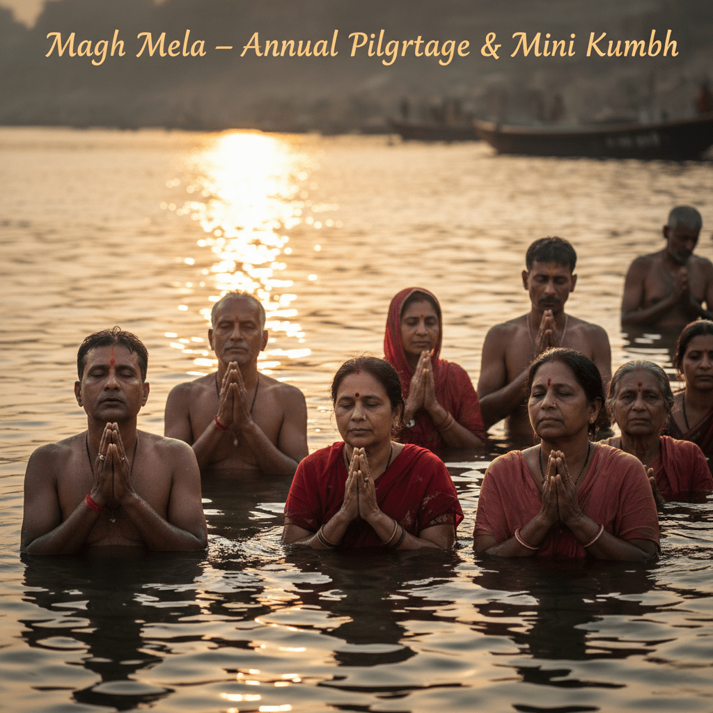 Pilgrims taking holy dip during Magh Mela at Triveni Sangam