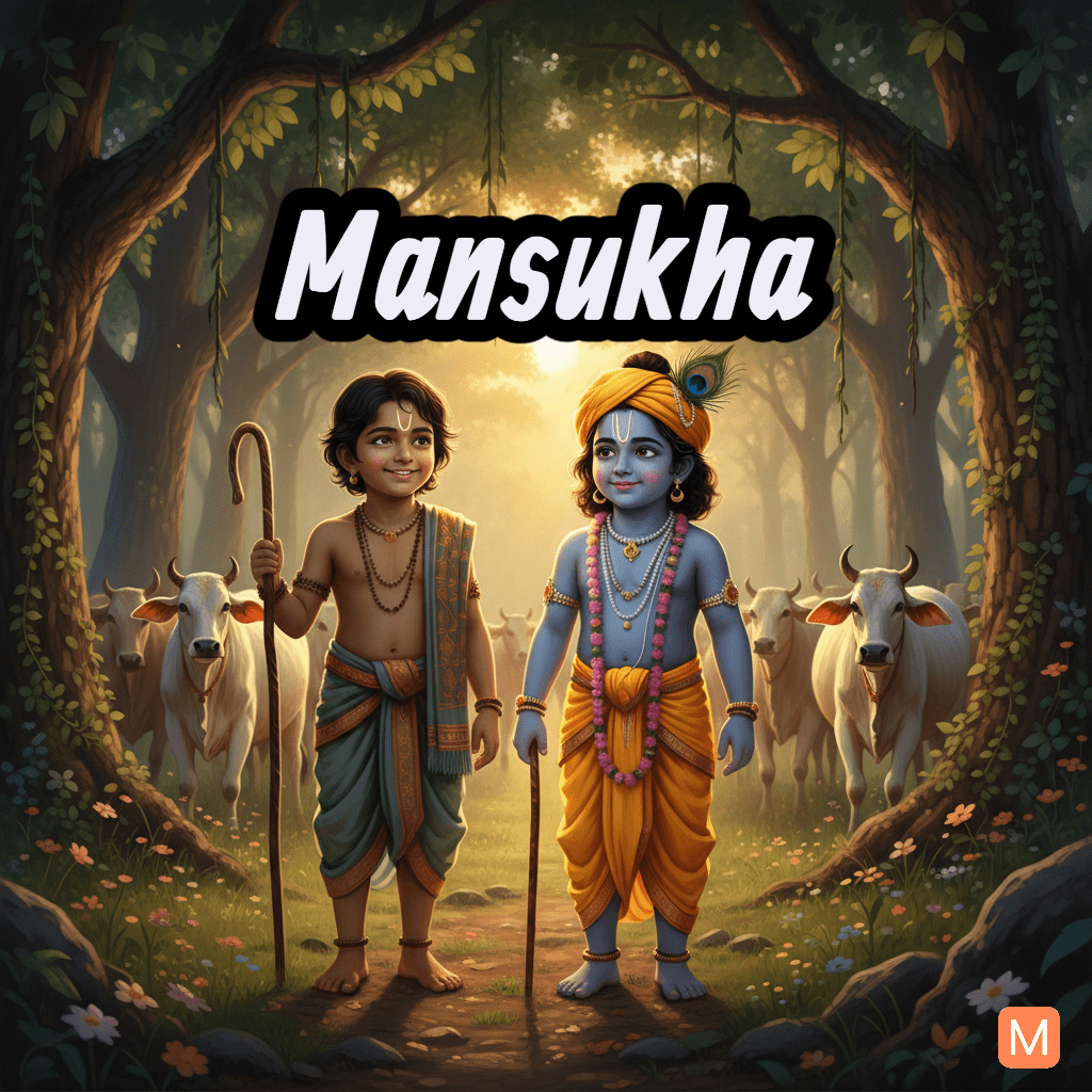 Mansukha with child Krishna in Dwapar Yuga Vrindavan