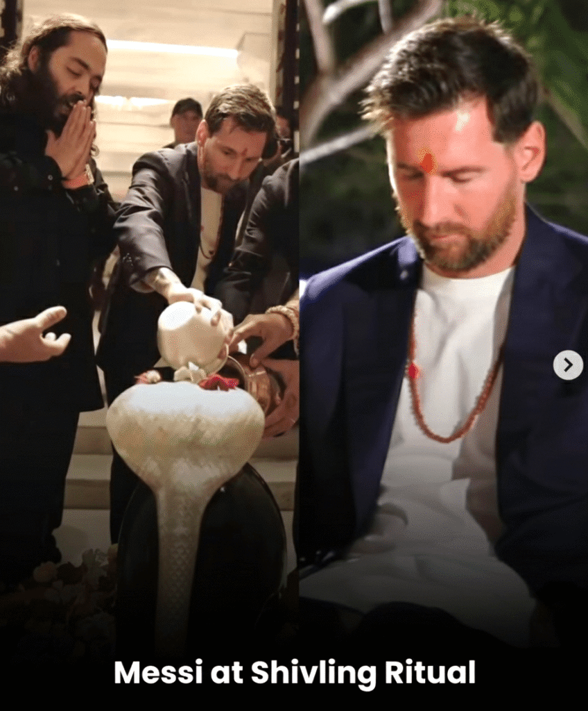 Messi performing Shiv Abhishek by pouring milk on Shivling at Vantara temple