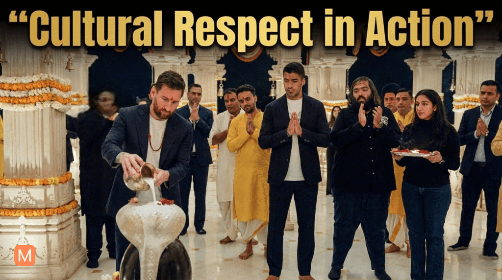 Messi performing Shiv Abhishek by pouring milk on Shivling at Vantara temple in Jamnagar
