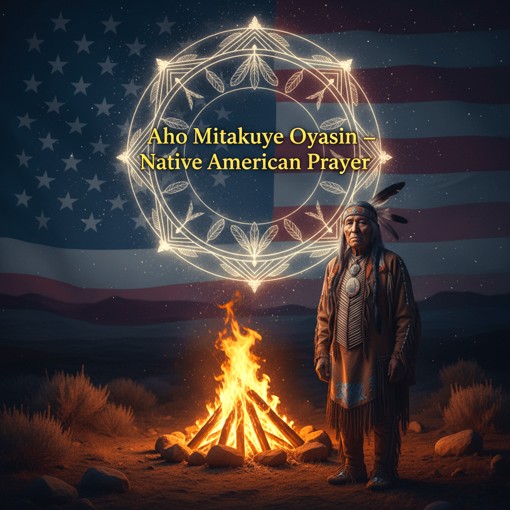 Native American mantra Aho Mitakuye Oyasin with USA flag and fire ceremony