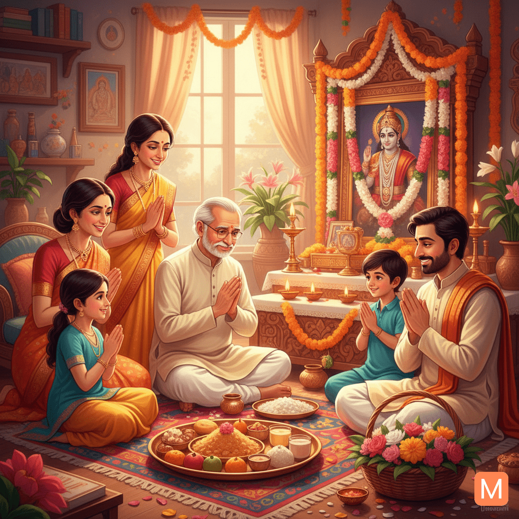 Family enjoying Satyanarayan Puja and receiving blessings.