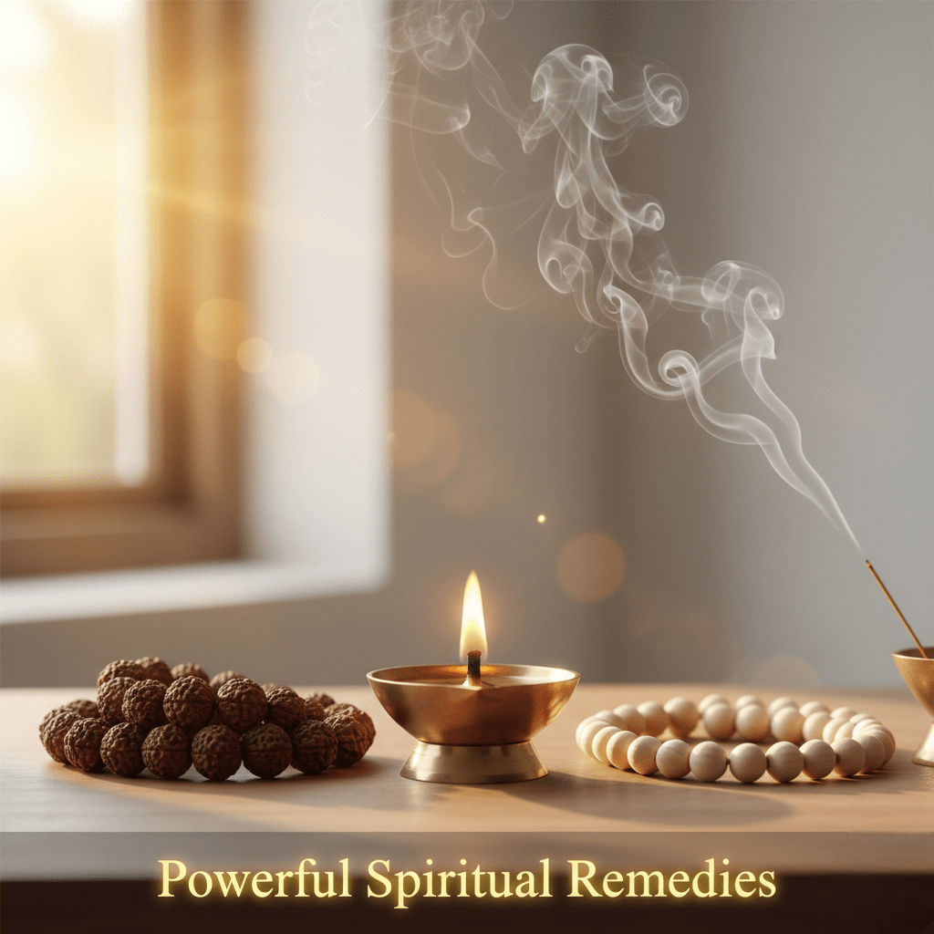 Spiritual remedies image for Daily Horoscope December 3 2025 showing diya, Rudraksha mala, and Tulsi mala