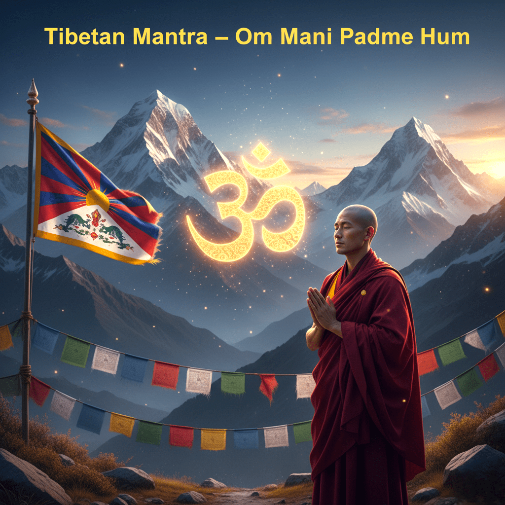 Tibetan Om Mani Padme Hum mantra with Tibetan flag and monk in Himalayas