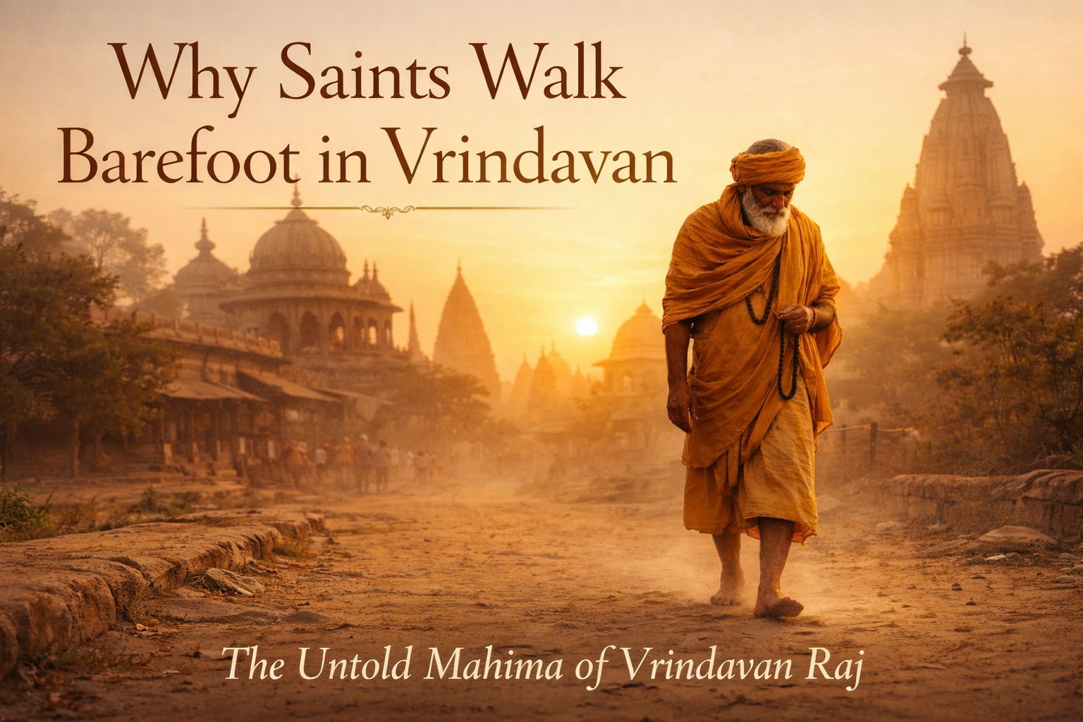 Saint walking barefoot in Vrindavan showing reverence to Vrindavan Raj