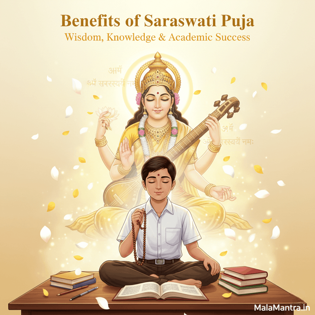 Student receiving blessings from Goddess Saraswati during Saraswati Puja for wisdom and knowledge