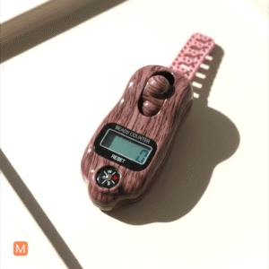 MalaMantra Digital Jaap Counter in a dark mahogany wood-grain finish resting on a minimalist beige tray.