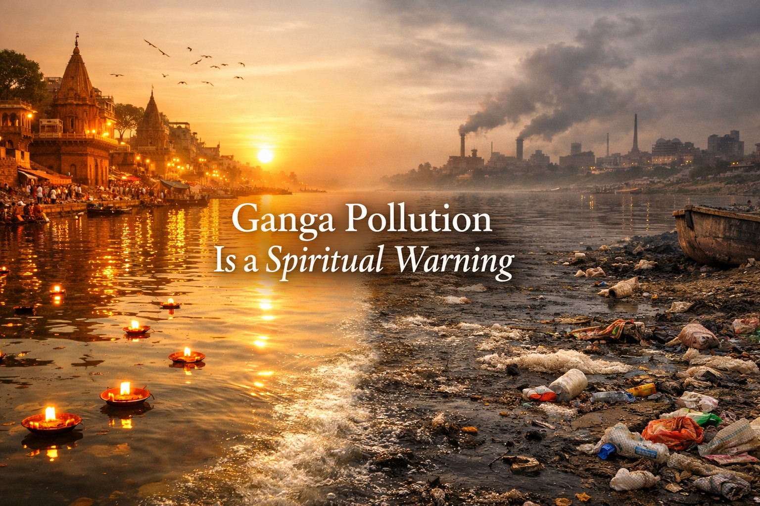 Ganga pollution showing contrast between sacred purity and environmental contamination, spiritual warning for Hindus