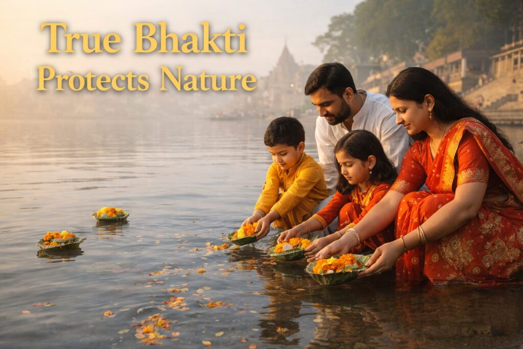 Eco-friendly Hindu rituals showing responsibility towards Ganga river and nature