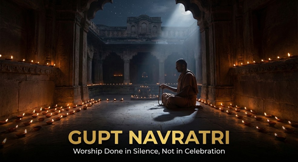 Gupt Navratri worship performed in silence at night with diya and jap mala