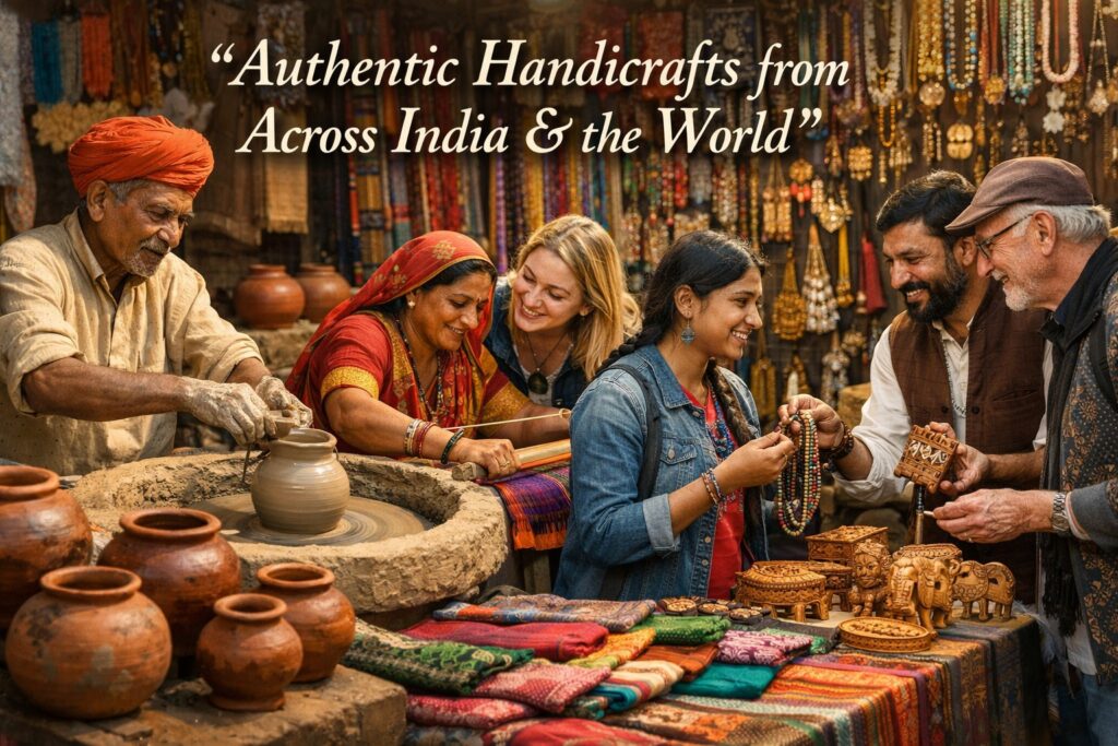 Traditional artisans displaying handmade crafts and handloom products at Surajkund Mela 2026