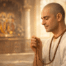 Devotee following ISKCON Ekadashi fasting rules, chanting Hare Krishna Mahamantra with Tulsi Mala, temple background.