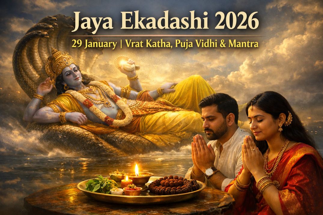 Jaya Ekadashi 2026 Lord Vishnu reclining on Sheshnag with devotees performing Ekadashi vrat in front of a brass thali