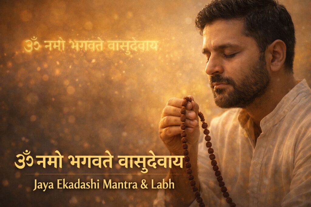 Close-up of devotee chanting Vishnu mantra with Tulsi jap mala during Jaya Ekadashi, spiritual meditation atmosphere