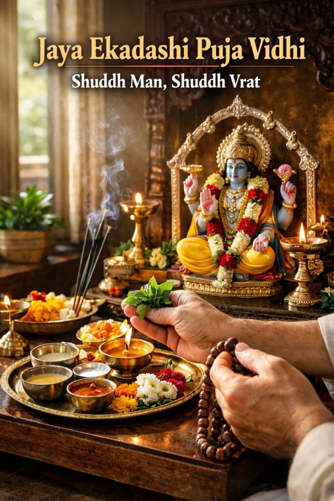 Devotee performing Jaya Ekadashi puja at home temple with Tulsi, diya, flowers, and Vishnu idol