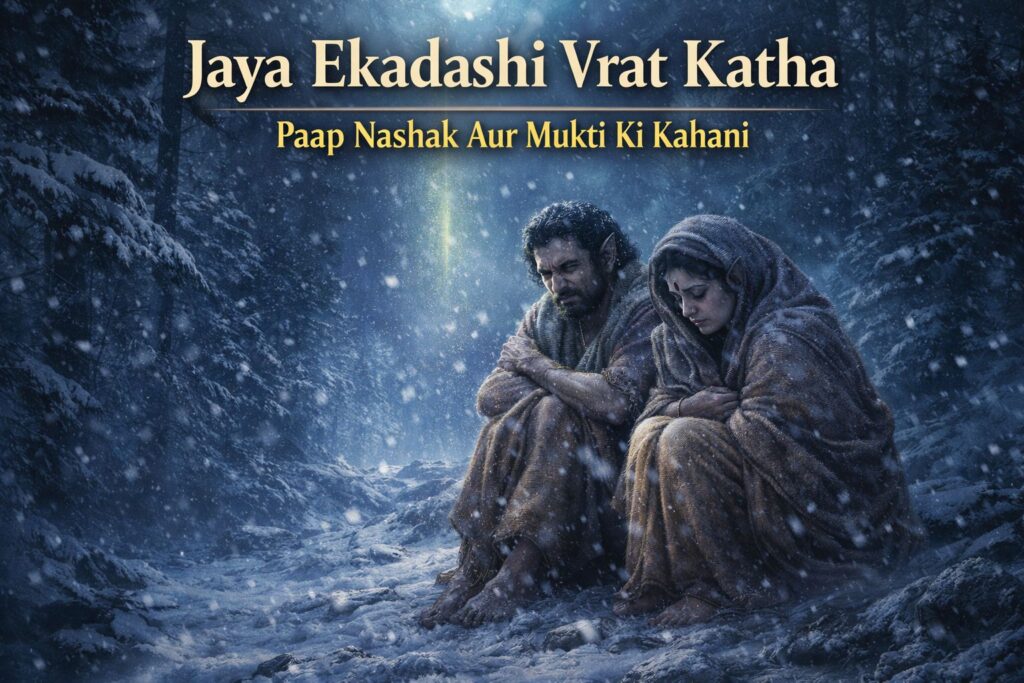 Himalayan forest night scene with snowfall showing cursed celestial couple in pain, symbolizing Jaya Ekadashi vrat katha