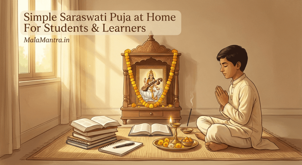 Student performing simple Saraswati Puja at home with books and diya