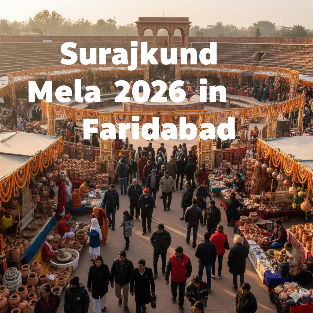 Surajkund Mela 2026 showcasing colorful handicraft stalls, cultural performances, and festive atmosphere in Faridabad Haryana