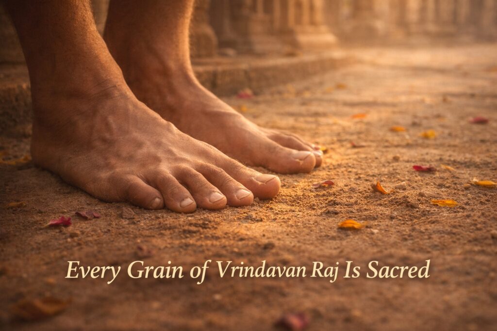Bare feet touching sacred Vrindavan Raj dust on temple path
