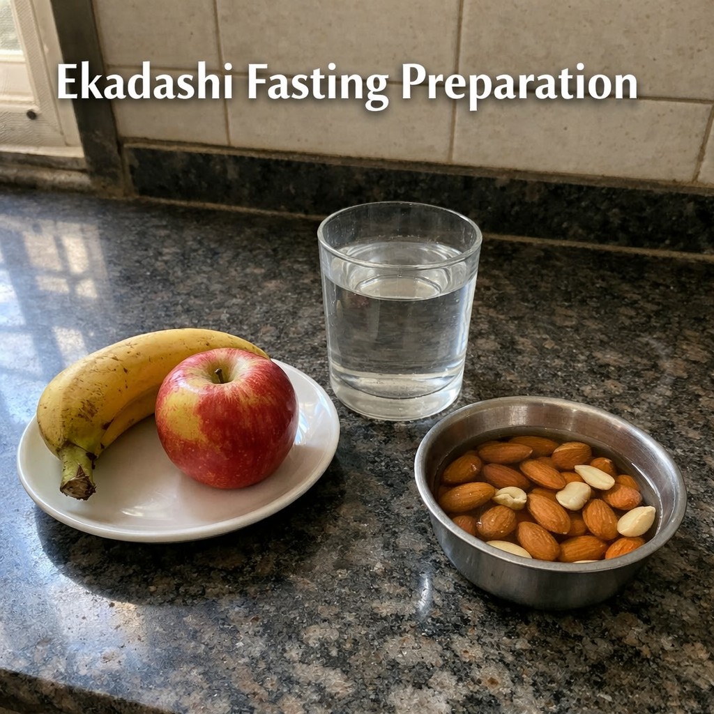 Ekadashi fasting preparation with fruits, water and sattvic food in Indian home kitchen