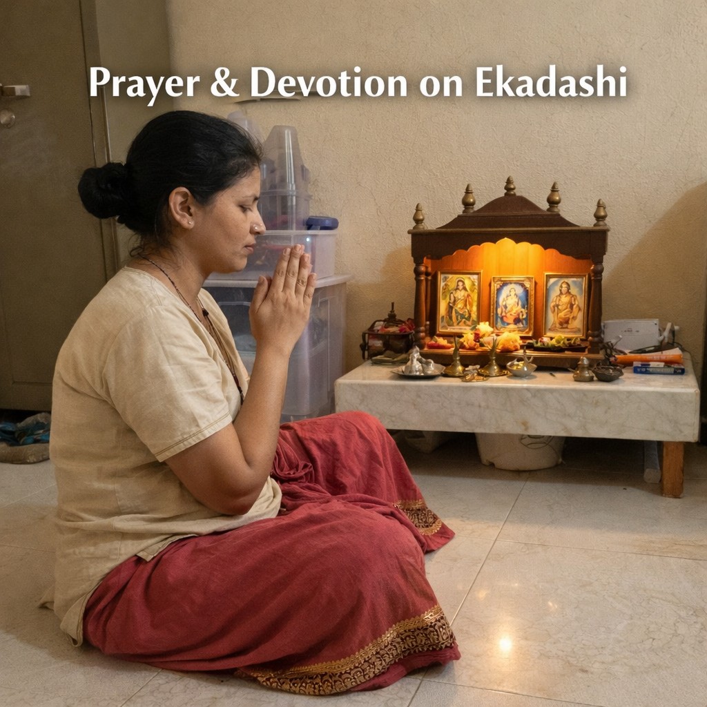 Devotee praying in front of home mandir during Ekadashi vrat morning worship