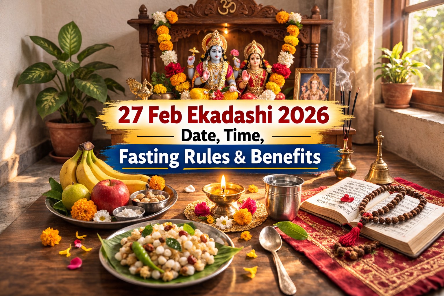 27 Feb Ekadashi 2026 home temple setup with diya, fruits and morning prayer atmosphere