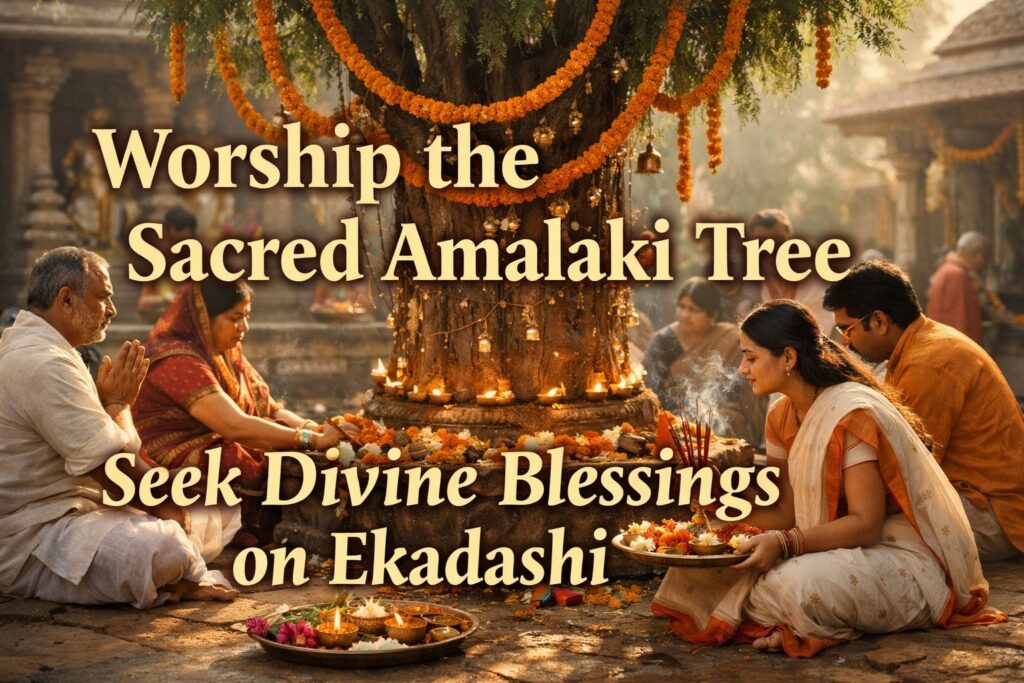 Devotees performing Amalaki tree worship on Amalaki Ekadashi with traditional rituals