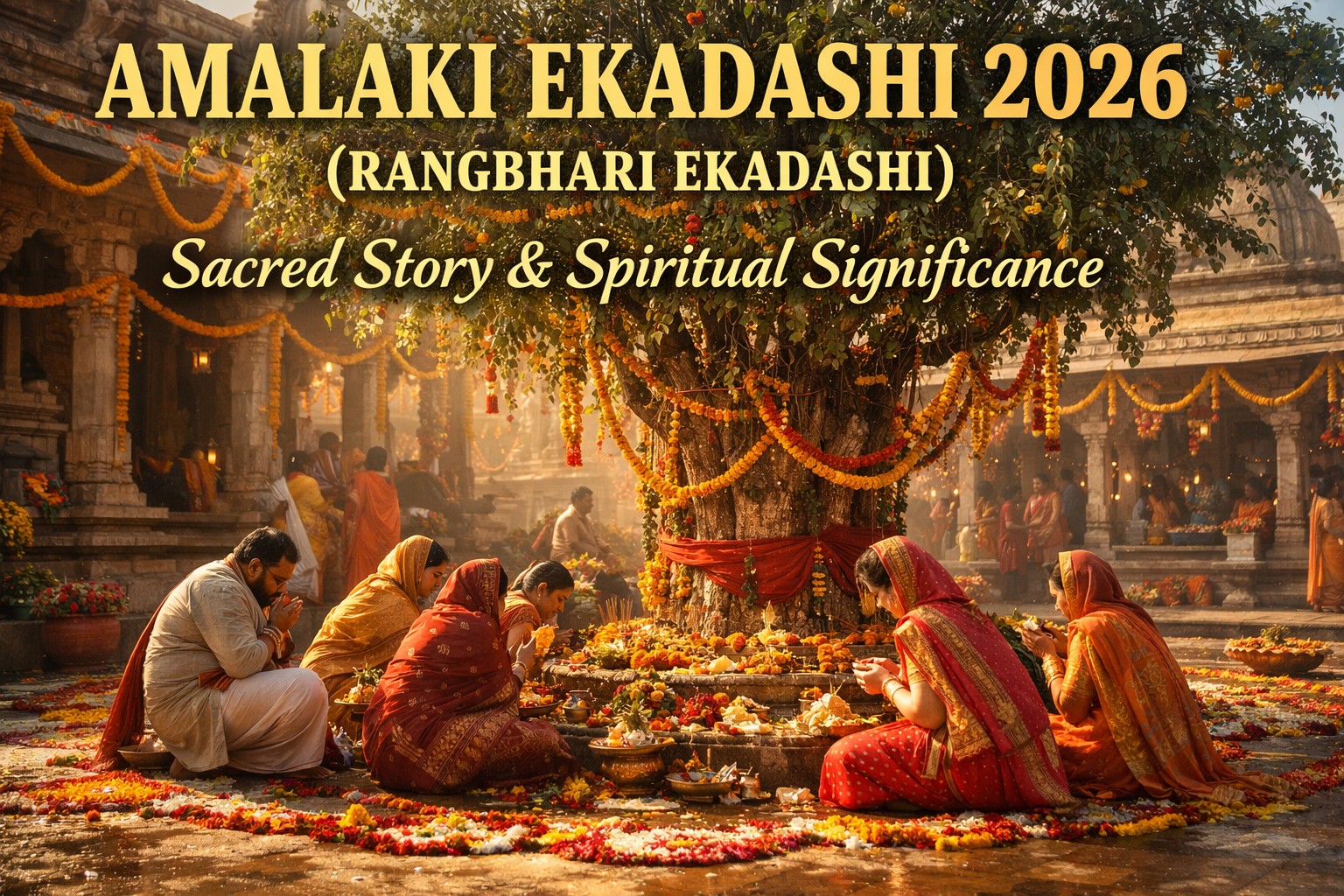 Devotees worshipping sacred Amalaki tree during Amalaki Ekadashi 2026 Rangbhari Ekadashi celebration