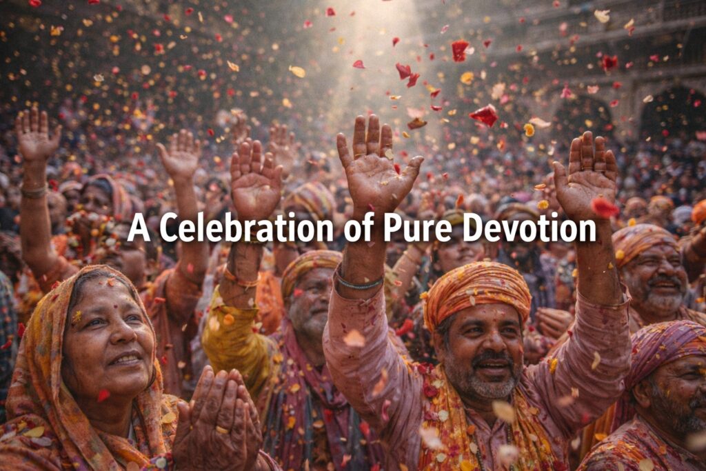 Devotees raising hands in prayer while flower petals fall around during Phoolon Wali Holi, peaceful temple atmosphere, natural lighting.